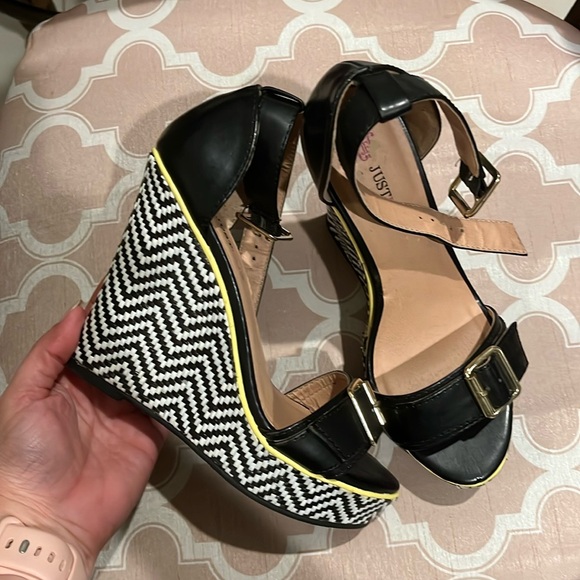 JustFab Shoes - New Just Fab platform heels ankle strap black white geometric heel sz 6